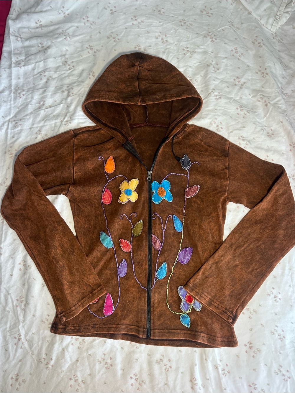 Brown Hooded Zip-Front Sweater with Multicolor Floral Embroidery